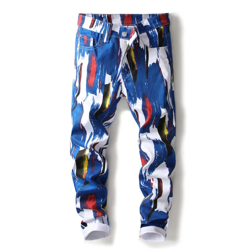

Punk Style Fashion Brand Streetwear Men Jeans Slim Fit Blue Paint Printed Jeans Men Casual Pencil Pants Hip Hop Jeans Homme