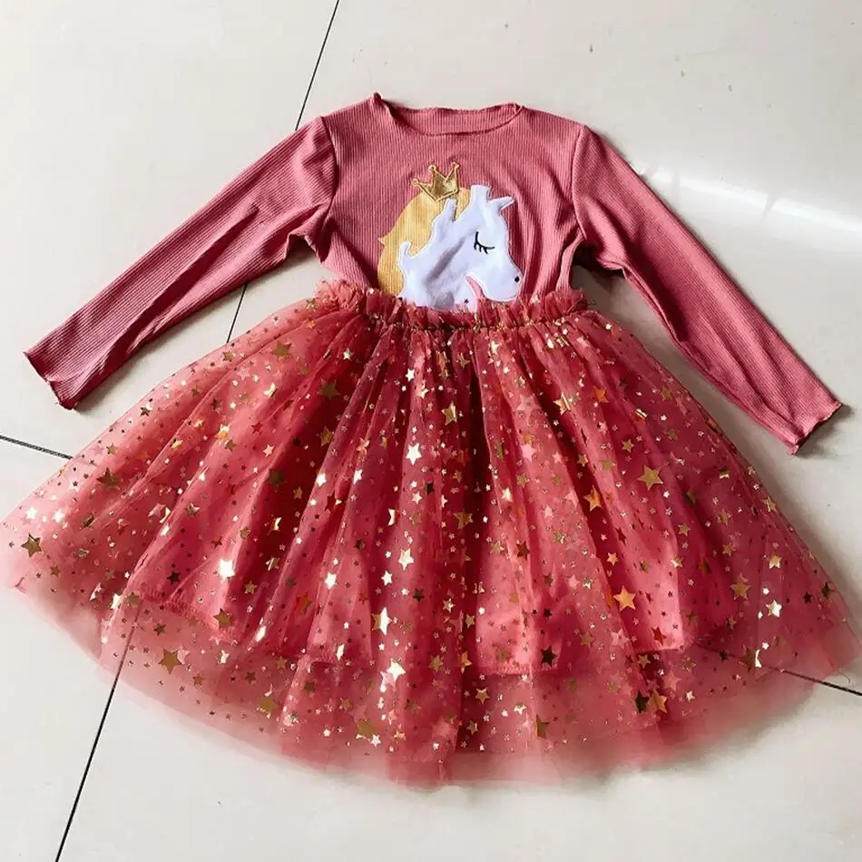 Baby Girl Cute Unicorn Dresses Autumn Long Sleeve Knitted Girls Dress Christmas Party Star Mesh Princess Children Clothing | Детская