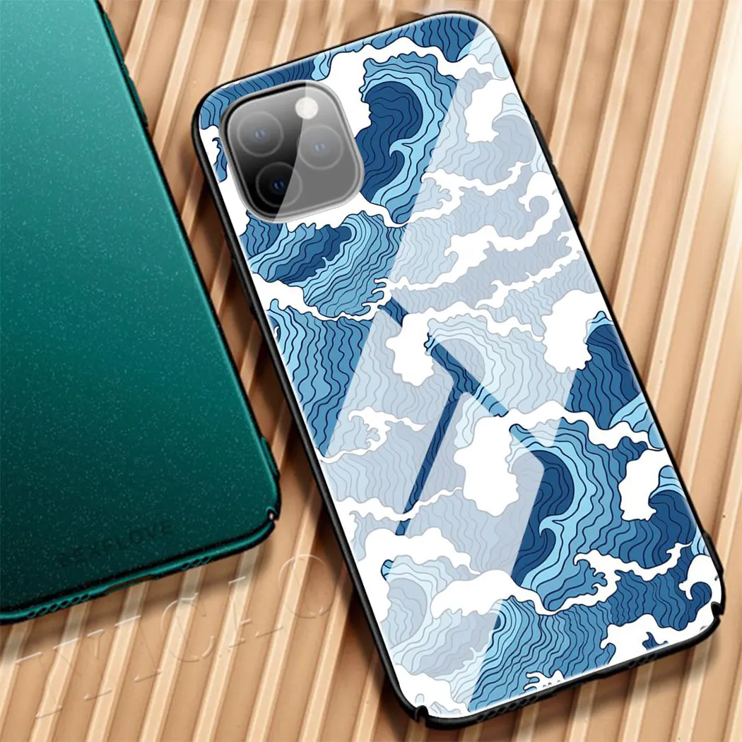 Wave Art Japanese Green Illust Classic Tempered Glass Phone Case for Apple iPhone 11 Pro XS Max XR X 8 7 6S Plus 5S SE Cover | Мобильные