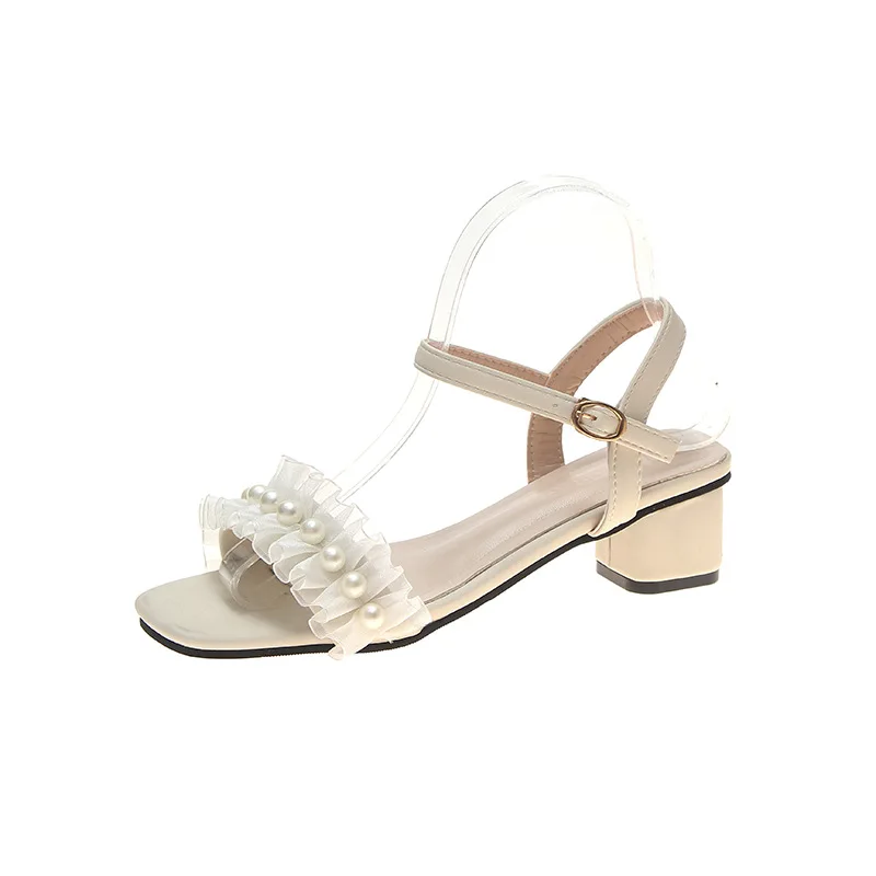 

Sandals women 2020 new summer fashion personality fairy shoes pearl lace buckle thick heel high heels