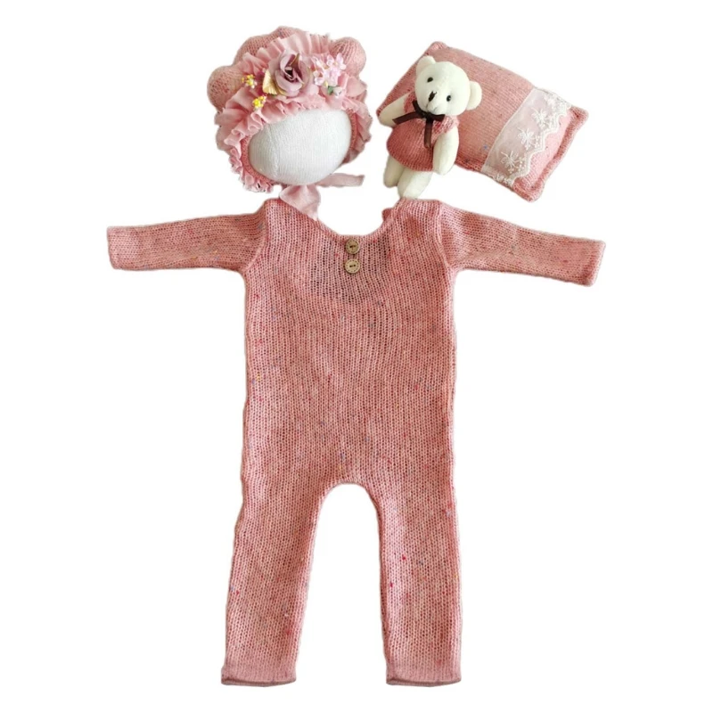 

4 Pcs/Set Baby Infants Hat Pillow Romper Jumpsuit Bear Doll Newborn Photography Props Photo Shooting Clothing Outfits QX2D