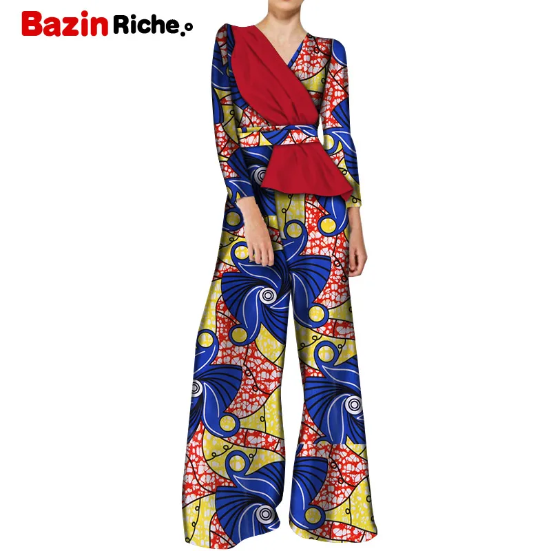 

New Autumn African Pant Set for Women Long Sleeve Wide Leg Jumpsuit Dashiki Clothing Batik Wax Print Cotton WY5533