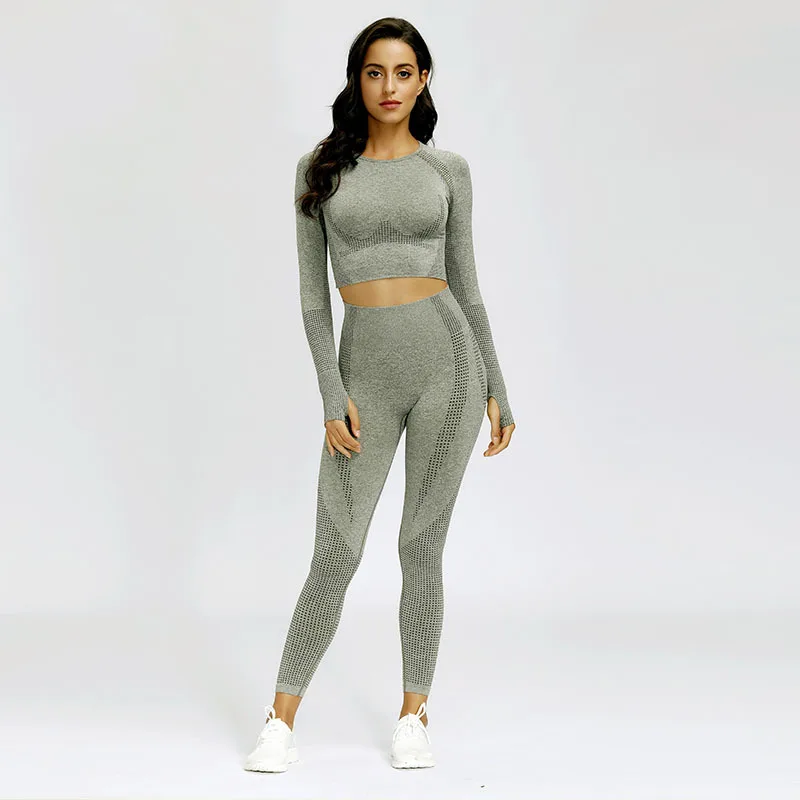 

2021 new knitted yoga clothes, quick-drying sports, long sleeves, European and American fitness trousers, seamless yoga suits