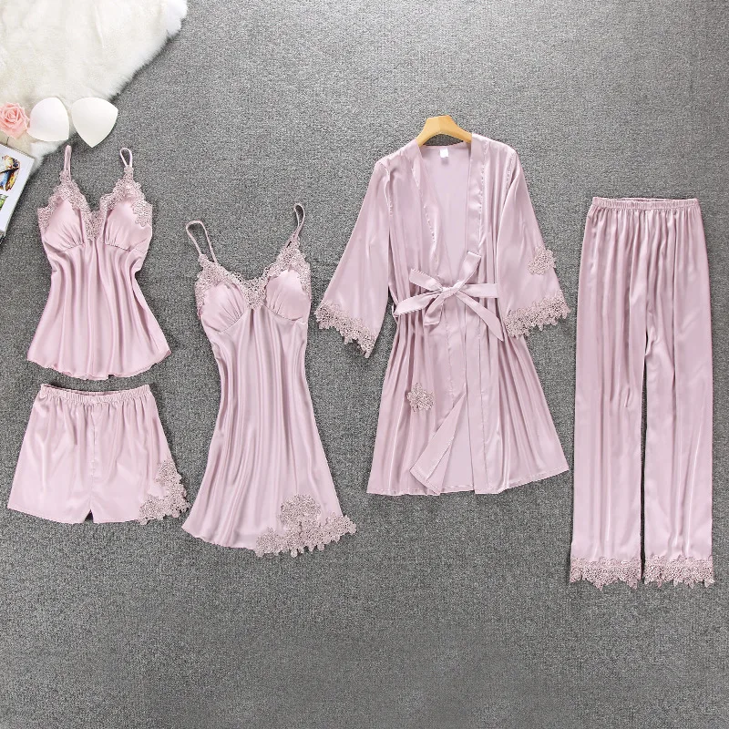 

Plus Size XXL 5 Pieces Sets Women Pajama Set Sexy Lace Satin Sleepwear Women Pajamas for Women Pijama Pyjama Casual Sleep Lounge