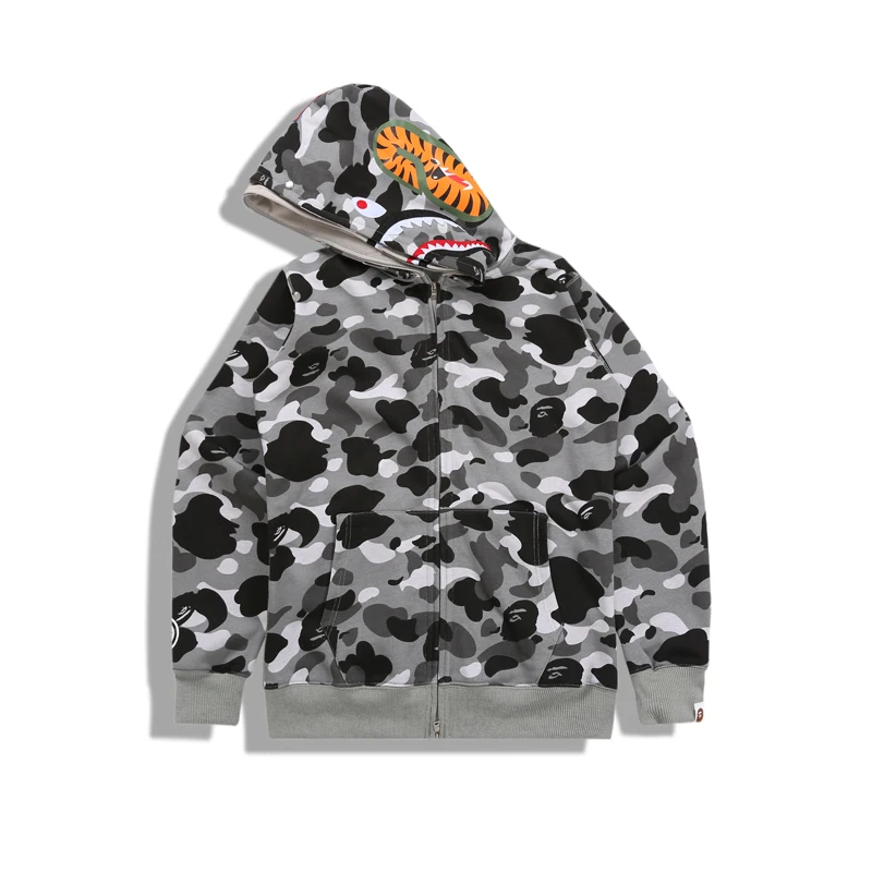 

BAPE New Camouflage Double Hat Shark Zipper Sweatshirt Light Green & Grey M-XXL