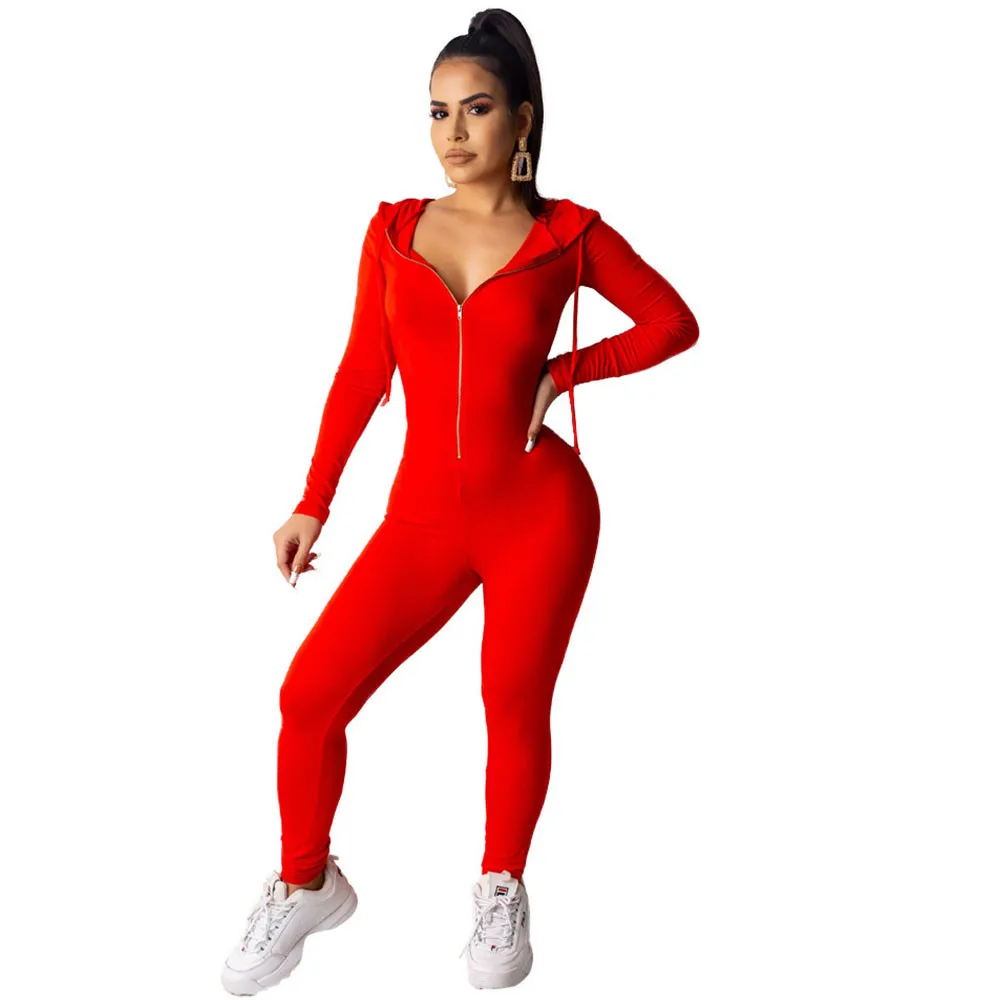 

Fall Winter Zipper Hooded Casual Jumpsuit Female Romper Long Sleeve Skinny Jogging Fitness One Piece Outfits Overalls for Women