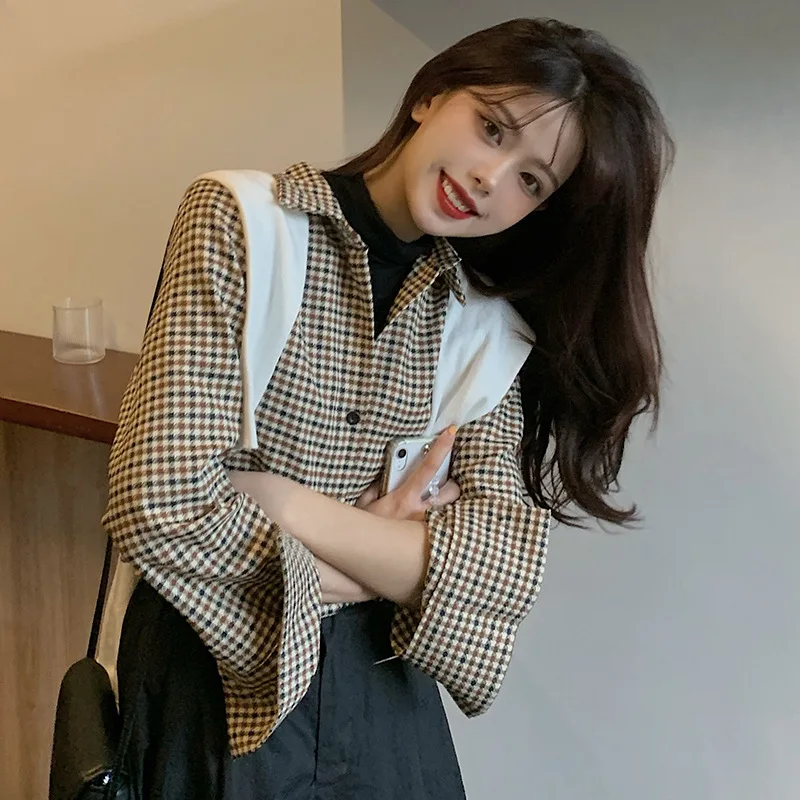 

CGC 2021 Autumn New Casual Plaid Women Shirt Vintage Long Sleeve Loose Top Female Blouses Harajuku Turndown Collar Lady Shirts