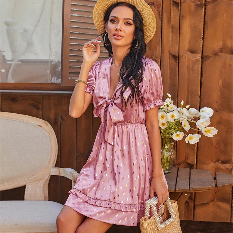 

Женское короткое платье с бантом на воротнике, повседневное ТРАПЕЦИЕВИДНОЕ ПЛАТЬЕ с оборками, высокой талией и рукавом-бабочкой, модель 2021 ...