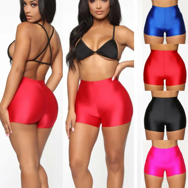 Женские блестящие эластичные шорты с высокой талией для занятий спортом бега