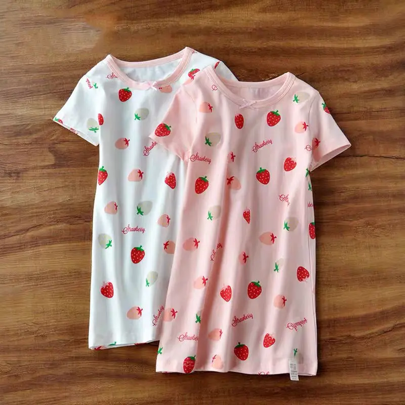 

Летние хлопковые ночные рубашки для девочек, детская ночная рубашка, Детская Пижама, домашняя одежда, одежда для сна с принтом клубники, дет...