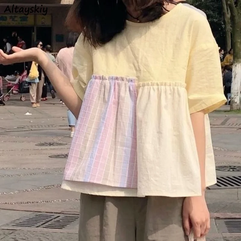 

Blouses Women Patchwork O-Neck Cropped Short Sleeve Sweet Chic Fashionable Fake 2 Piece Female Tops All-match Summer Ulzzang New