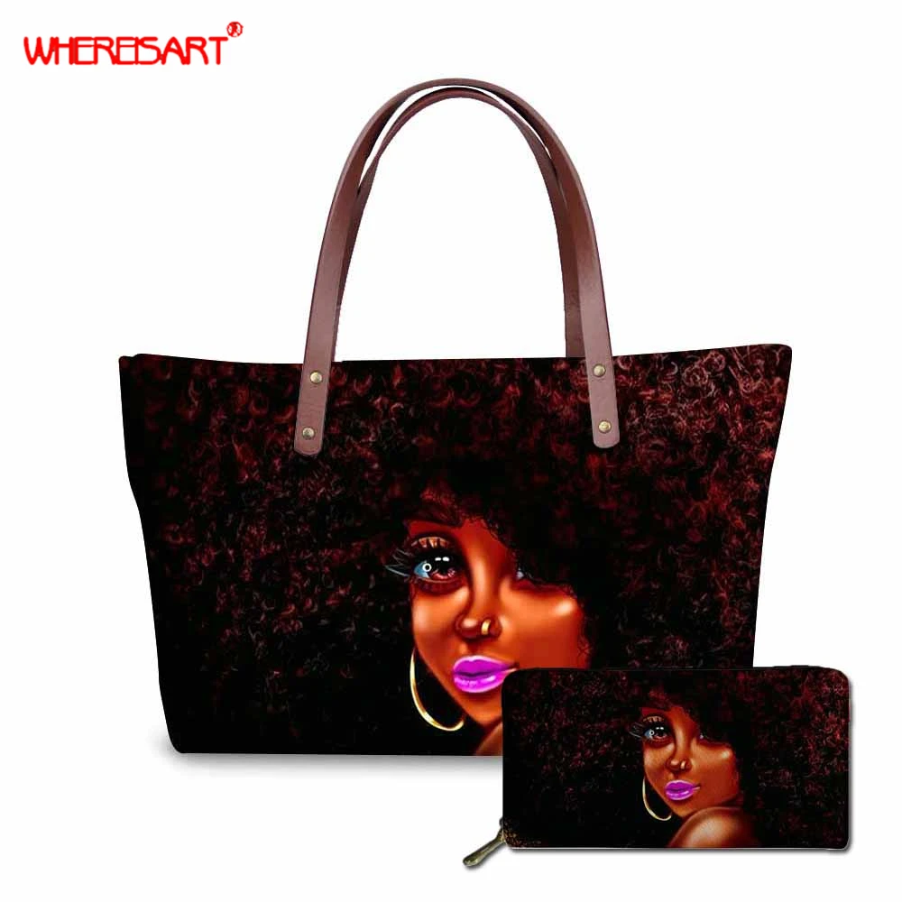 

Женские сумки в африканском стиле WHEREISART, дизайнерские черные сумочки и сумочки в стиле королевы, комплект из 2 предметов, женская сумка, 2019