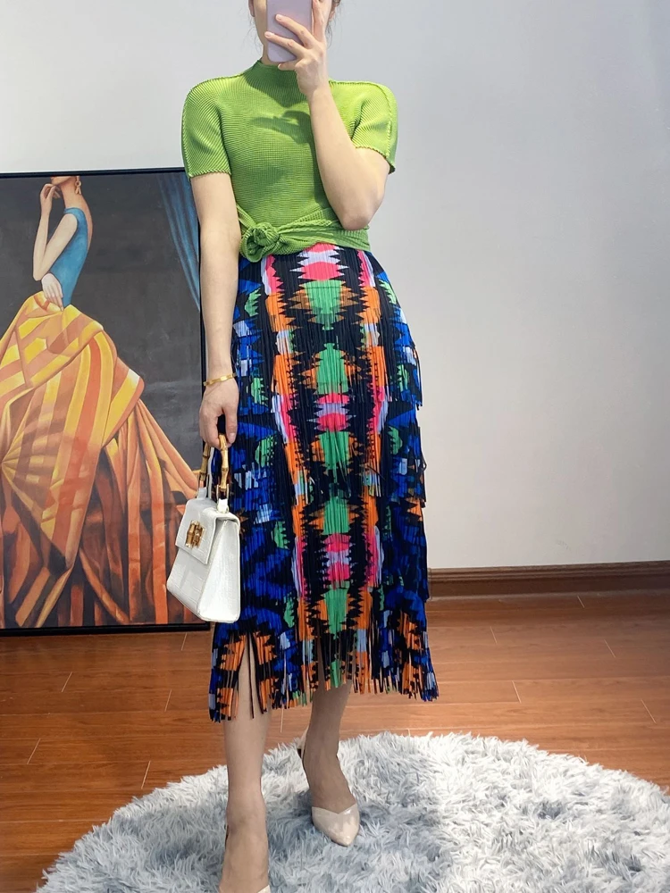 2021 summer women's new fringed skirt Miyak fold Fashionable plus size printing is thin and versatile mid-length skirt tied