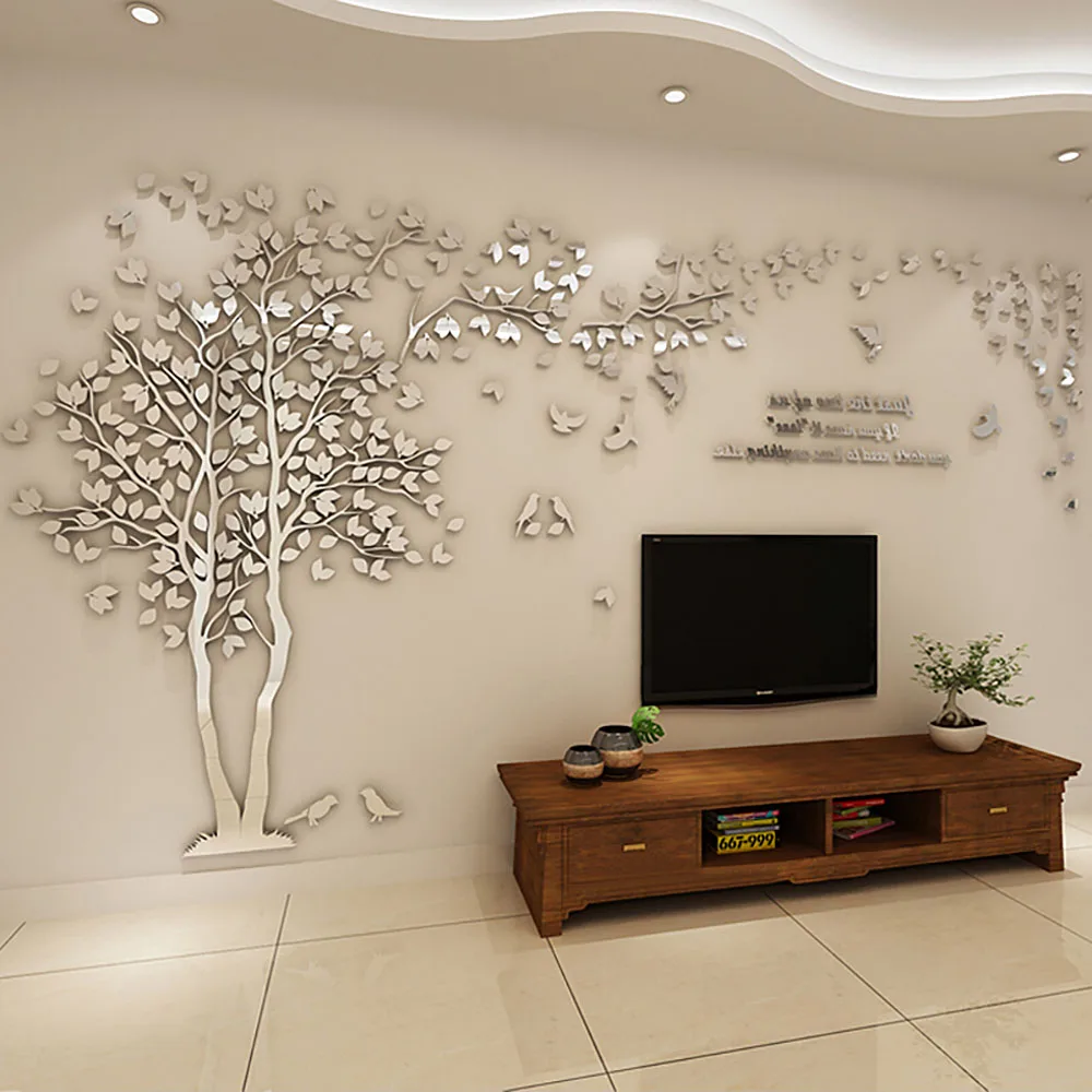 

3D Wall Sticker Tree With Bird Mirror Wall Sticker DIY Art Craft Home Decorations Acrylic TV Background Wallpaper Decals Freeshi