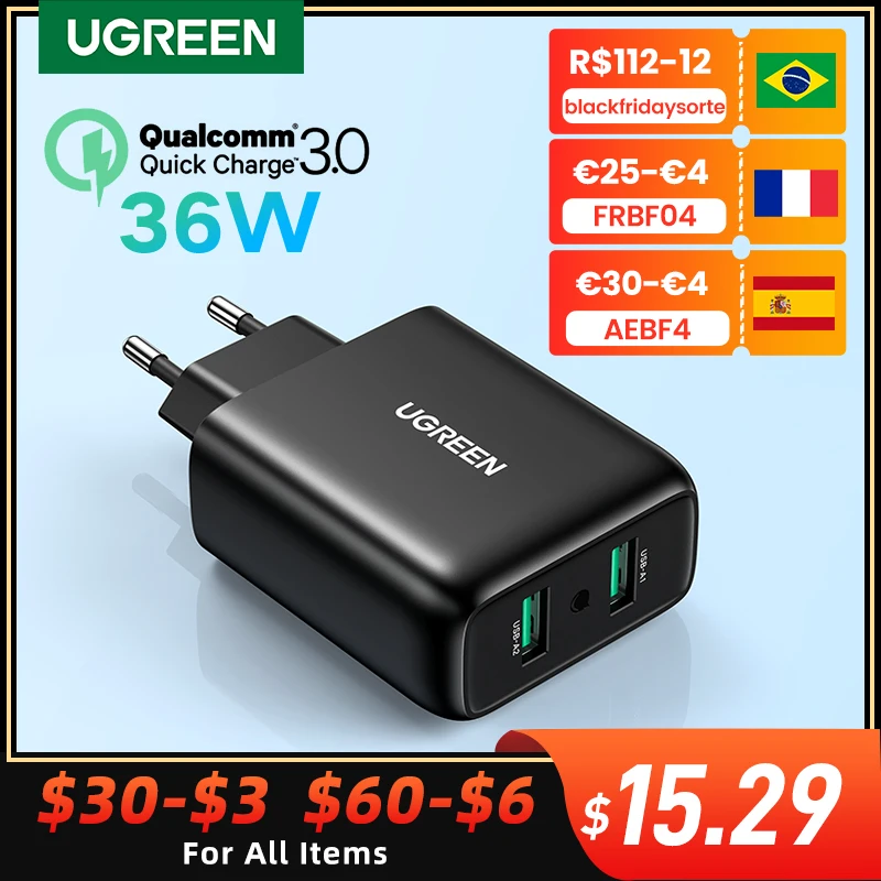 

UGREEN Quick Charge 3.0 QC 36W USB Charger Fast Charger for iPhone QC3.0 Wall Charger for Samsung s10 Xiaomi mi 9 Phone Charger