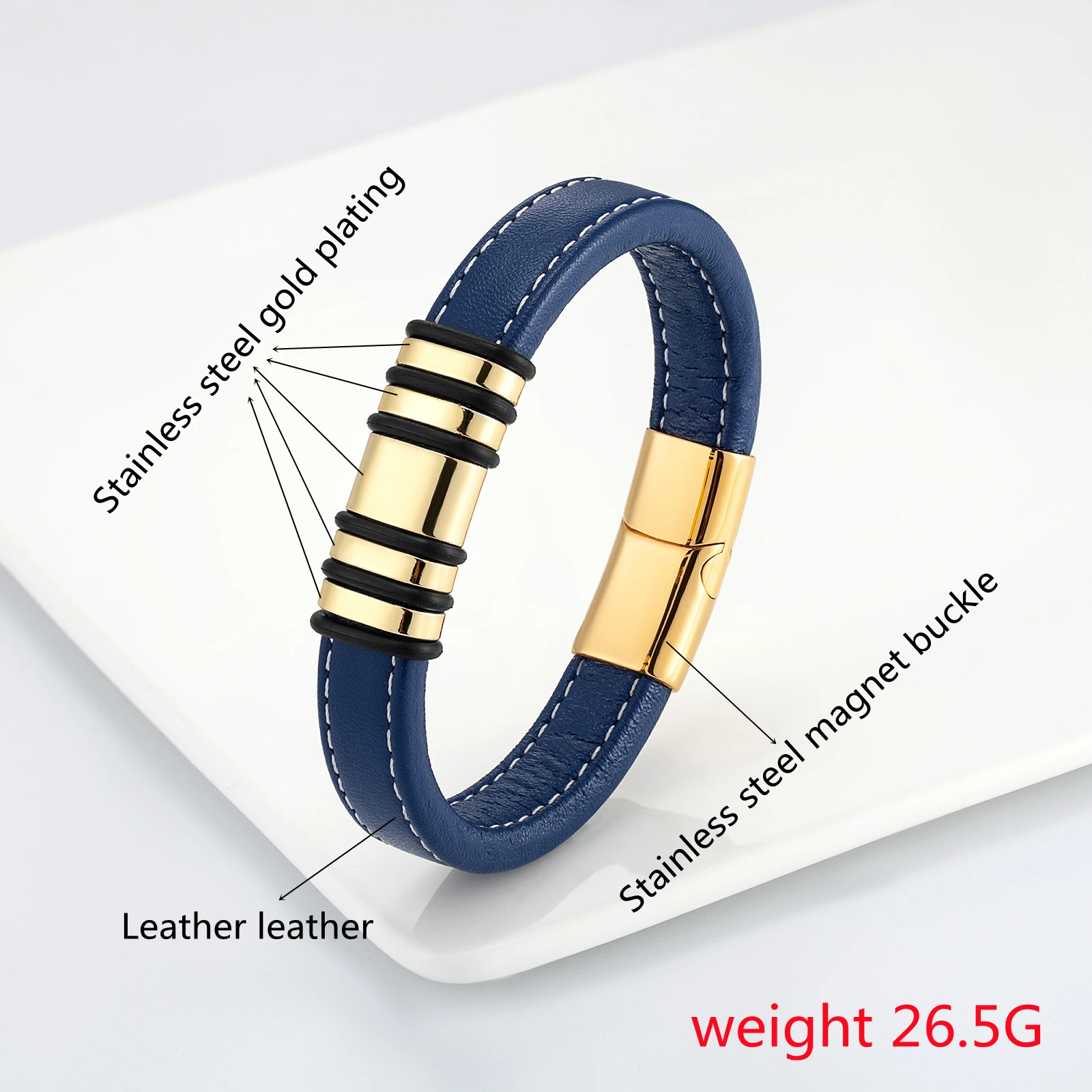 Мужской широкий кожаный браслет из нержавеющей стали в стиле панк с 5 кольцами 2021