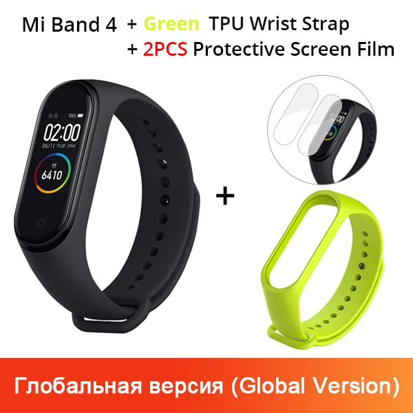 Xiaomi mi-браслет 4 смарт-браслет 3 AMOLED цветной экран mi Band 4 пульсометр фитнес Bluetooth Спорт 50 атм водонепроницаемый смарт-браслет - Цвет: Add Green Strap