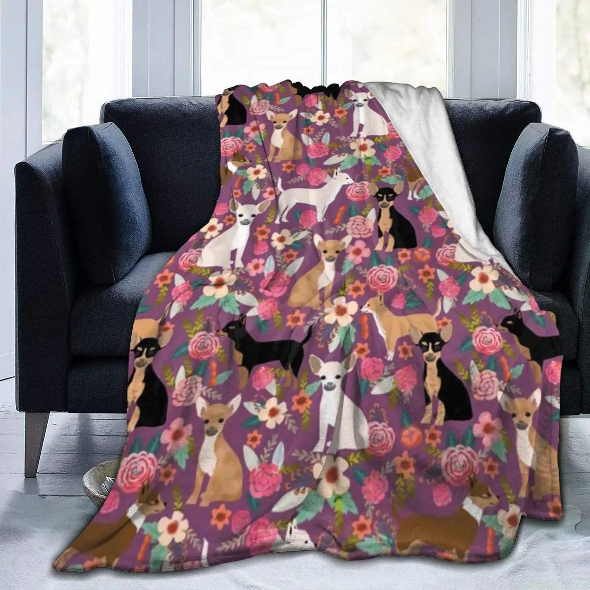 

Plush Flannel Fleece Throw, Chihuahua Dog Breed Floral Pet Gifts Perfect Present Pattern Throw Blanket for Better Sleep Bedroom