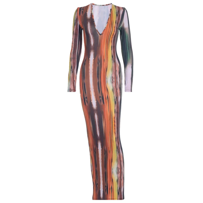 

MVA 2021 Long Sleeve Colorful Print V-neck Bodycon Long Dress Spring Women New Fashion Streetwear Party Elegant Outfits 9B1583A