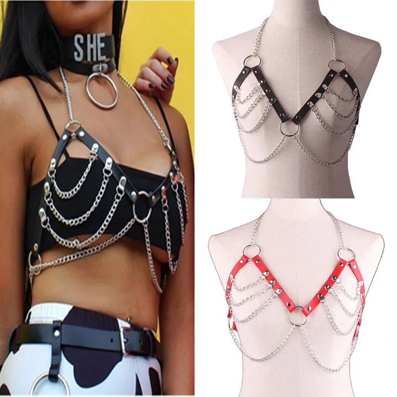 

Женский кожаный бюстгальтер Goth, черный топ на цепочке, пояс в готическом стиле, аксессуар для девушек