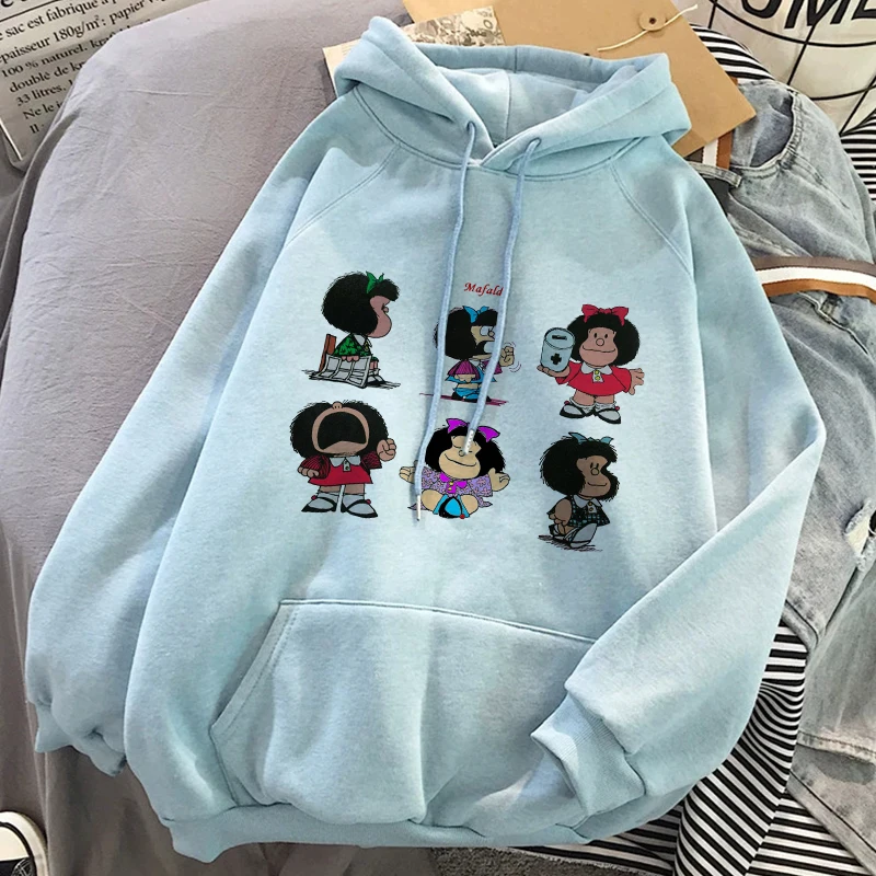 Mafalda Kawaii Cartoons Hoodies Women Spring Oversized Long Sleeve Mafalda Graphics Fashion Clothes Sweetshirts Blue Fall Tops