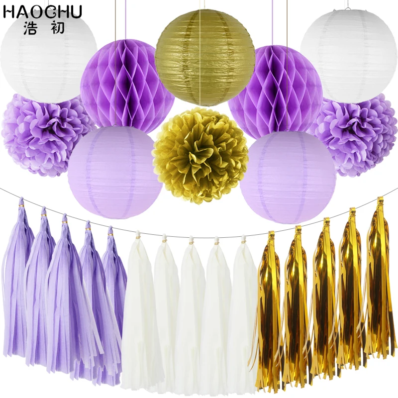 25pcs/set Gold White Round Hanging Paper Ball Lanterns Honeycomb Tissue Pom Poms Tassel Birthday Wedding Theme Party Decorations
