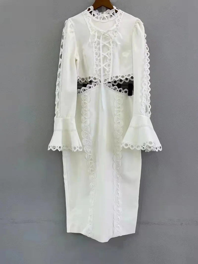 

Bodycon Dress 2021 Autumn Party Events Women Cross String Deco Flare Sleeve Hollow Out Sexy Party Black White Pencil Dress Club