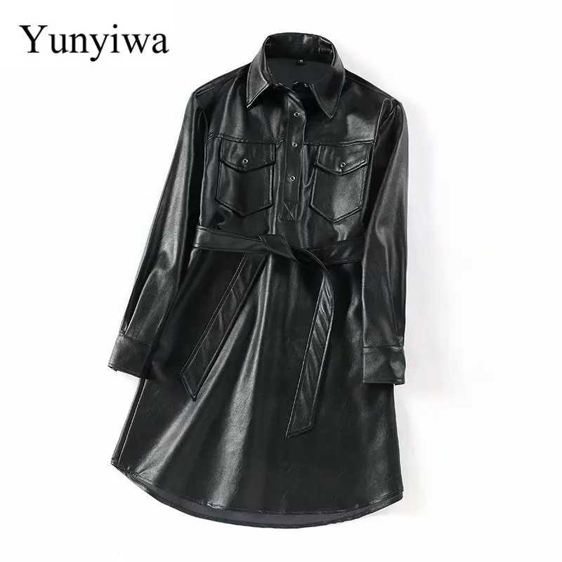 Женское платье рубашка из искусственной кожи с длинным поясом элегантное миди