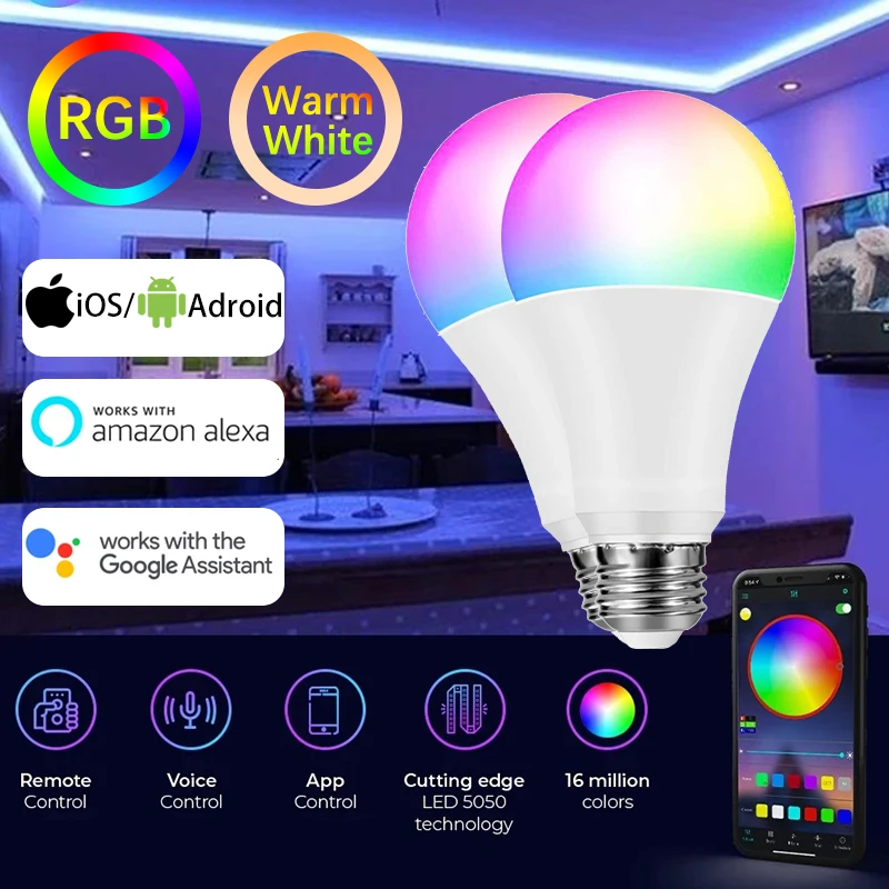 

Умная Лампа 15 Вт Wi-Fi B22 E27 LED RGB светильник лампы дистанционного Google Home функция голосового Управление светильник лампа для дома светильник вол...