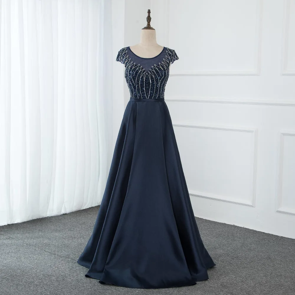Elegant Navy Satin Long Evening Dress Crystals Beaded Cap Sleeve Aline Women Party Dresses Formal Evening Gown YQLNNE