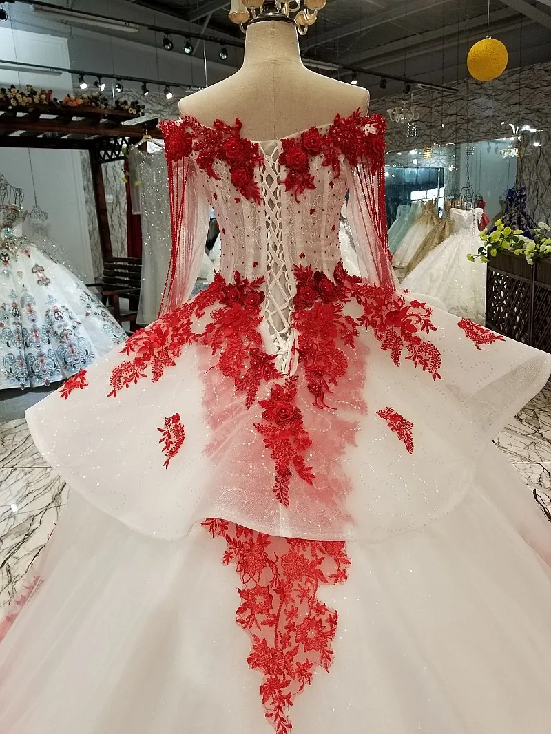 

BGW 22126ht Sexy Off Shoulder Red Flowers Evening Dress Long Sleeves Sweetheart Evening Party Dresses Beauty Girl Quick Shipping