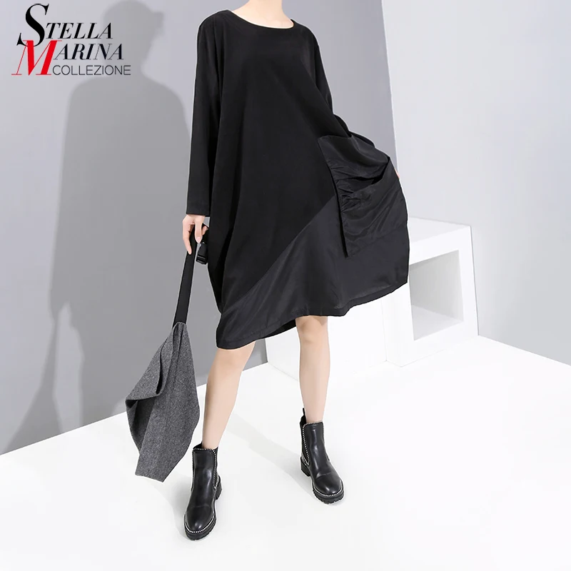 2019 корейский стиль длинный рукав Женское зимнее повседневное черное платье