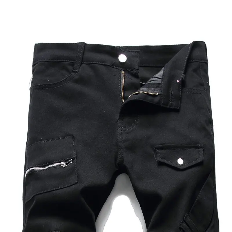 

Men's Tartan Plaids Patchwork Jeans Punk Rock Zippers Rivets Black Pants Trendy Slim Straight Trousers