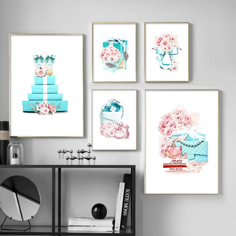 

Flower Perfume High Heels Handbag Fashion Wall Art Canvas Painting Nordic Posters And Prints Wall Pictures For Living Room Decor