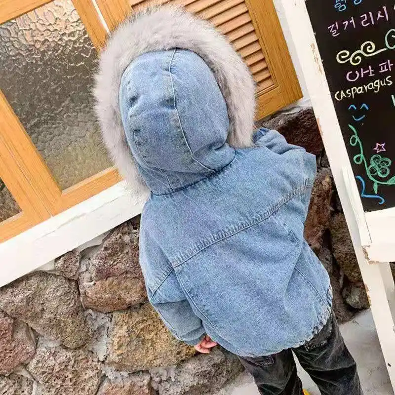 2019 Winter Baby Girl Denim Jacket Plus Velvet faux Fur Warm Toddler Outerwear Coat 1-8 Years Kids Parka girls coat | Детская одежда и
