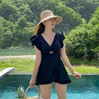 Соблазнительная юбка, Цельный купальник, Женский Однотонный черный купальный костюм, монокини с оборками, купальник с вырезами, с воланом, пуш-ап, трикини, Корея