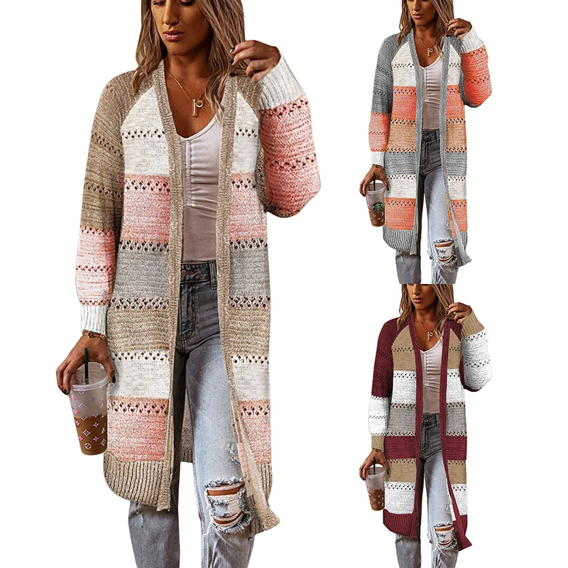 

New Cardigan Coat Womens Color Block Striped Sweater Casual Long Women Warm Sweater Knitted Female Loose Sweater Winter