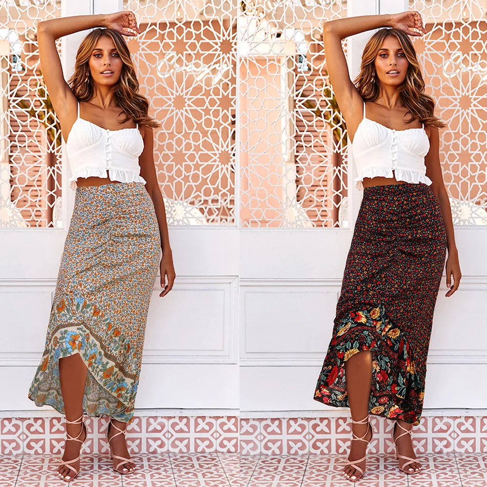 

Women's Bohemian Print Floral Irregular Pleated Lace Skirt for Spring and Summer 2020