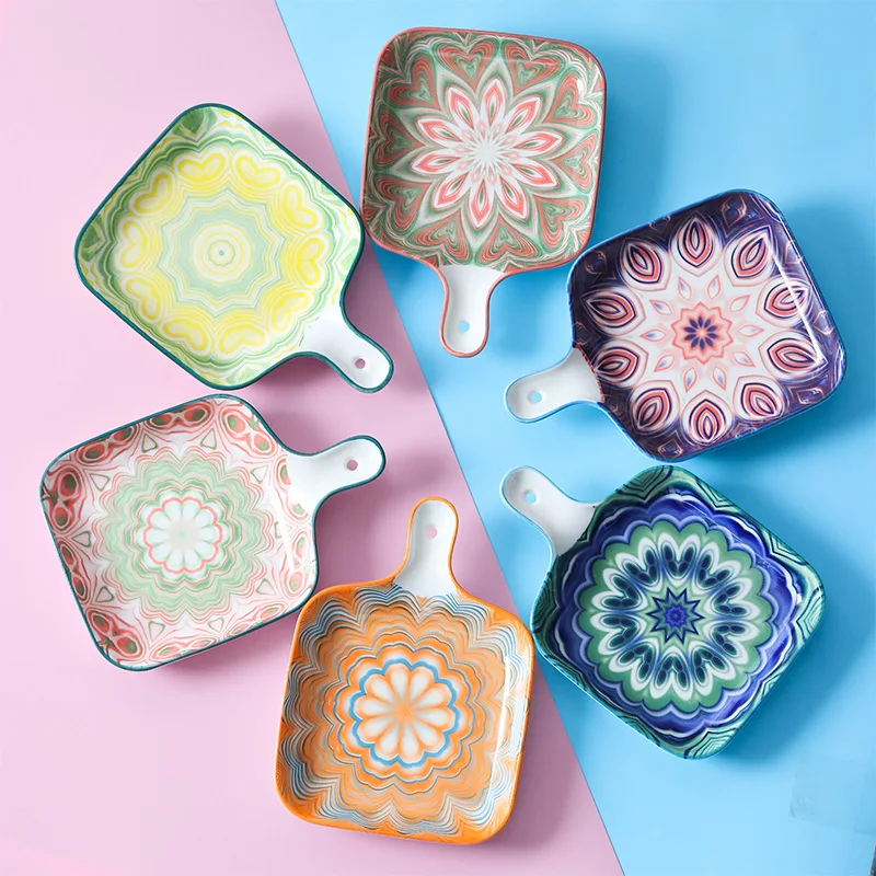 

Ceramic Baking Plates with Handle American Bohemia Style Western Food Plate Set for Restaurant Hotel Kitchen Dinnerware