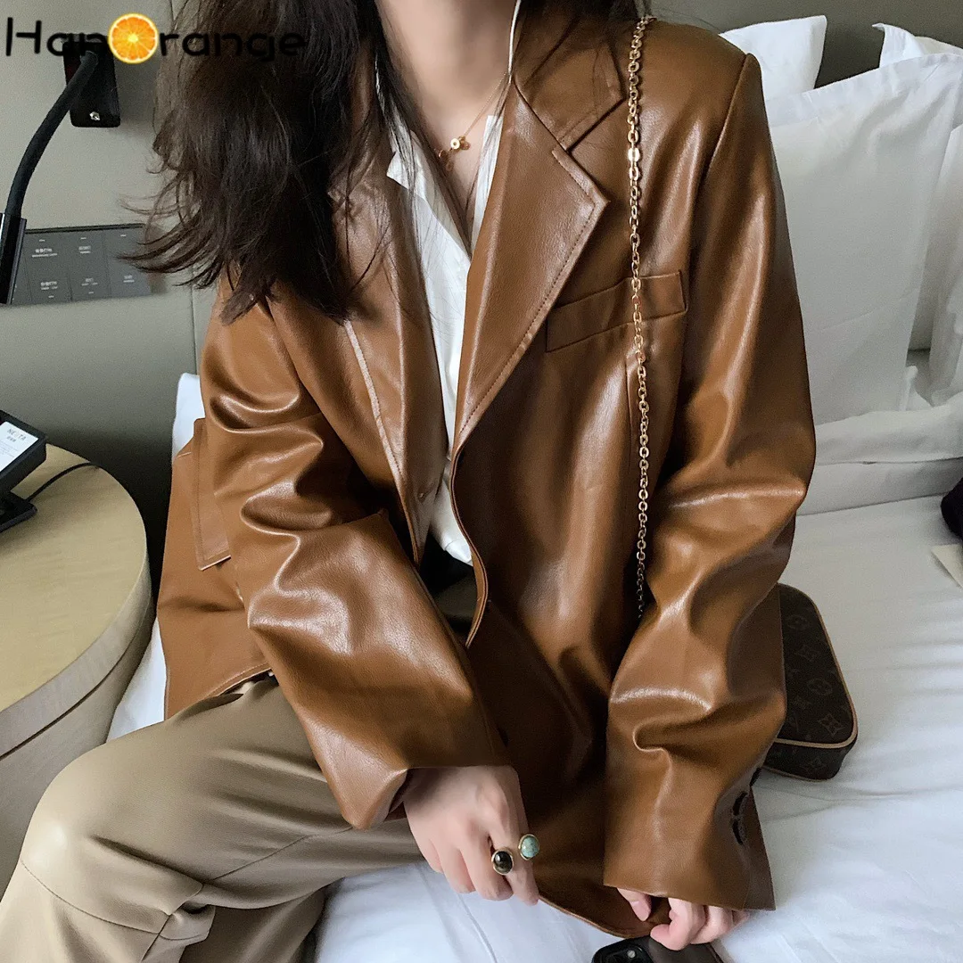 

PU Faux Leather Suit Jacket 2021 Autumn Spring Lattice Women Single Breasted Blazer