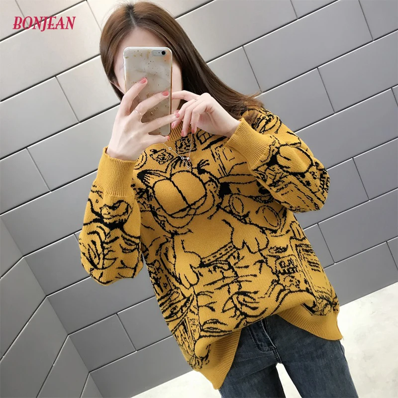 

Streetwear Sweater Women 2020 Autumn Winter Kitted Cartoon Cat Printed Casual Oversized Knitted Black Pullover Sweater 2020