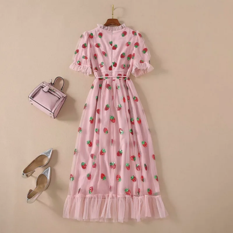

Strawberry Dress Women Plus Size Pink Short Puff Sleeve Dress V Neck Fashion Summer Mesh Black Floral Dresses For Women 2021