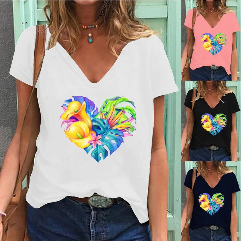 

Женская футболка с коротким рукавом, V-образным вырезом и цветочным принтом