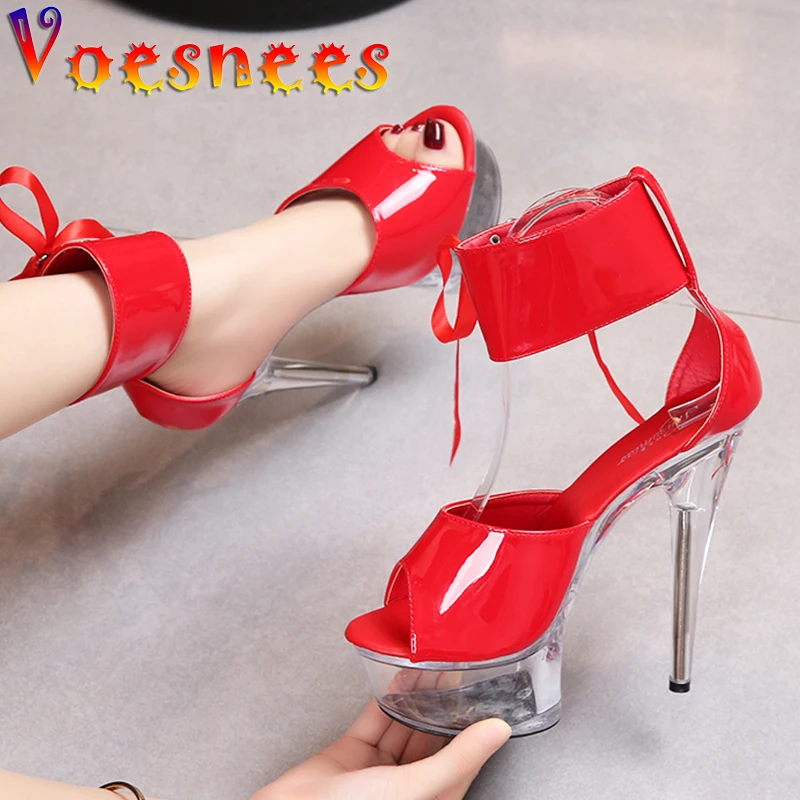 

New Patent Leather Lace-Up Thin Heels Sandals Platform Sexy Pole Dancing Transparent High Heel Shoe Peep Toe Crystal Women Shoes