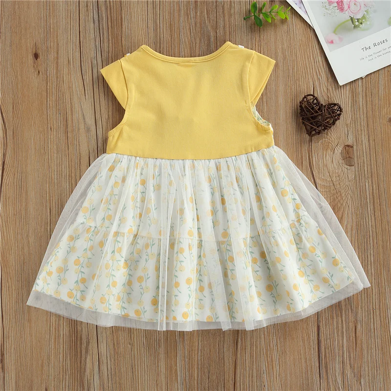 

6Month-4Year Summer Baby Girls Cotton Dress, Kids Children Girls Floral Printing Fly Sleeve Mesh Splicing Casual Princess Skirt