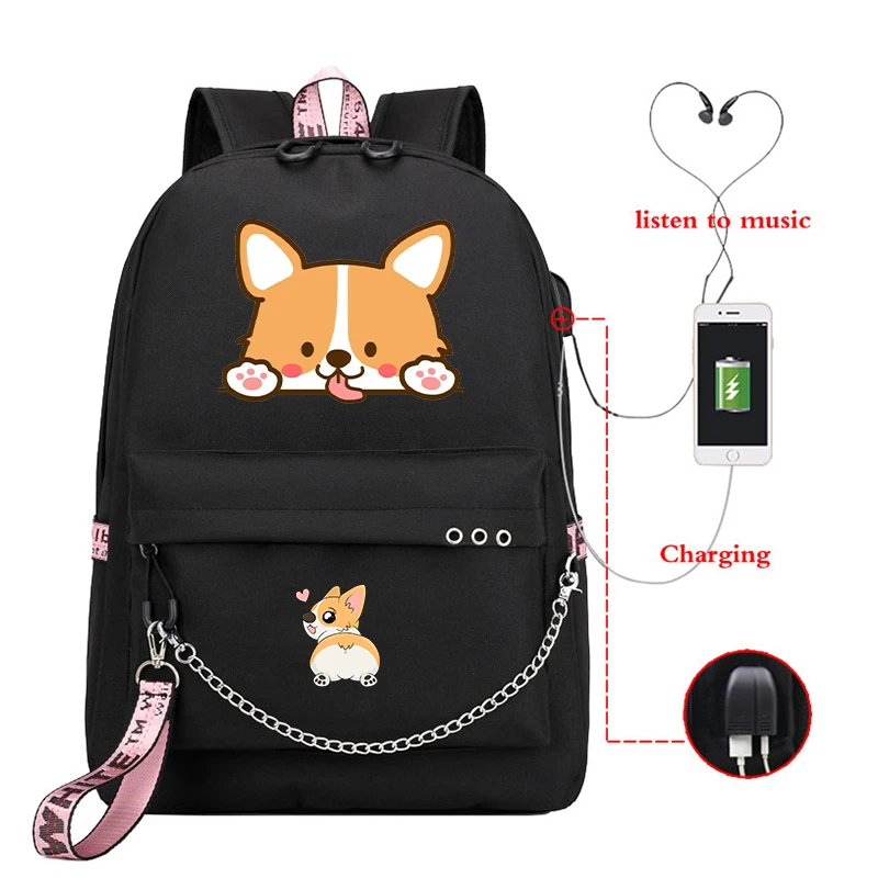 Рюкзак Corgi Dog с USB-разъемом школьные сумки для книг милыми животными дорожные