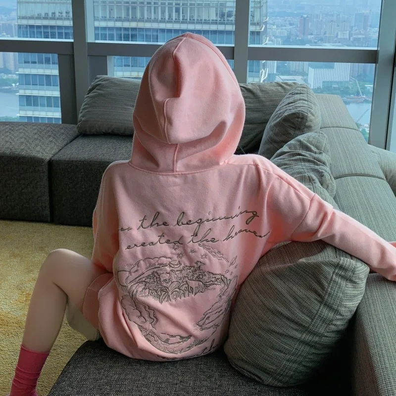 

Womens Tops Casual Sweet Pink Hooded T Shirt Fashion Long Sleeve Loose Sweatshirt Sexy V Neck Chains Embroidery Female T Shirts