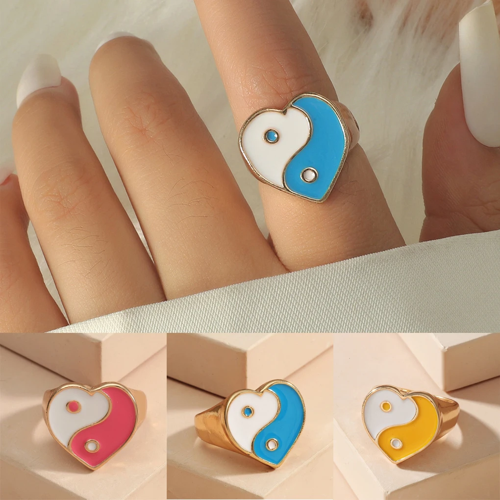 

Trendy Heart Tai Chi Rings For Women Teens Girls Classic Retro Yin Yang Fengshui Colorful Wedding Ring Fashion Jewelry Gifts
