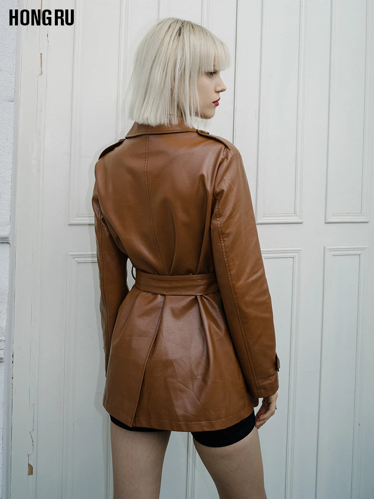 England locomotive style single breasted pu leather jacket female great quality was thin with belt F1030 | Женская одежда