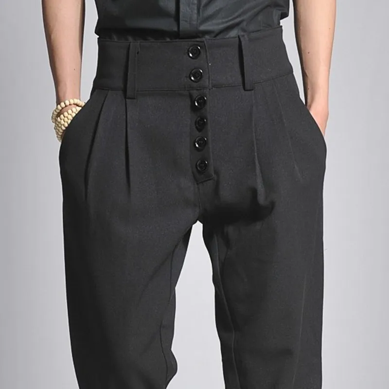 Весенняя новинка черные мужские длинные штаны с высокой талией и пуговицами